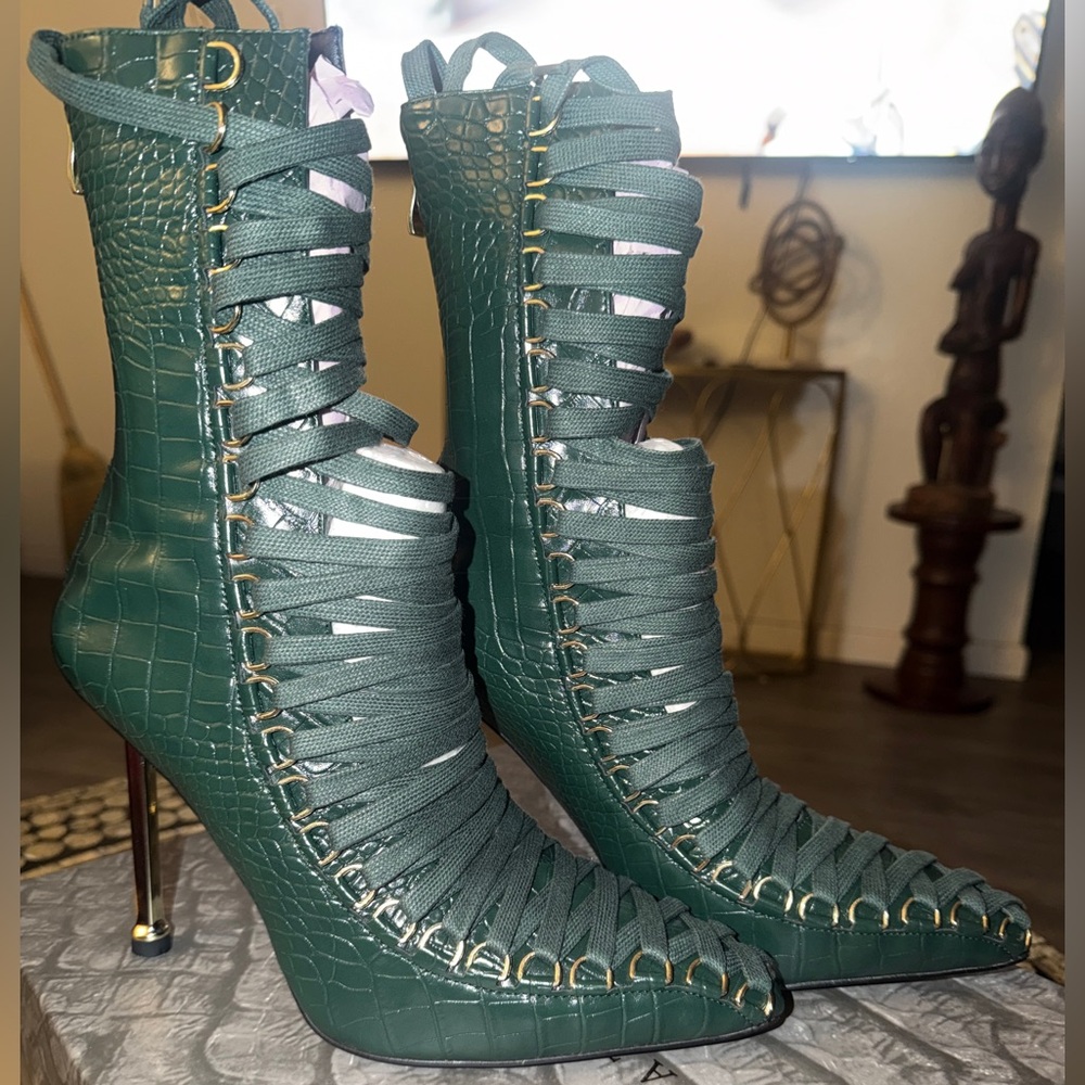Azalea Wang “Sniper” Croc-Texture Stiletto Ankle Boots